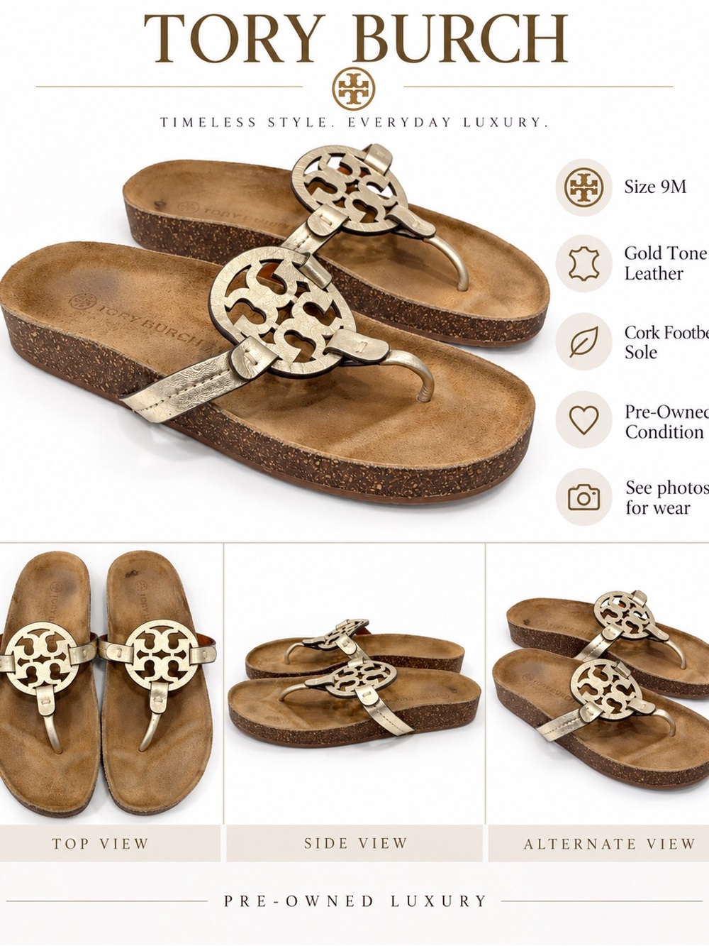 Tory Burch Gold Leather Cork-Platform Logo Thong Sandals size 9 M